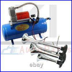 12V Train Air Horn Kit Loud Dual 4 Trumpet Air Horn 120 PSI 6L Air Compressor
