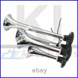 12V Train Air Horn Kit Loud Dual 4 Trumpet Air Horn 120 PSI 6L Air Compressor