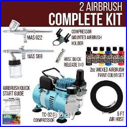 2 Airbrush Kit 5 Wicked Colors Air Compressor Dual-Action Createx Hobby Set