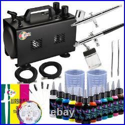 Airbrush Compressor Kit w 2 Dual Action Spray Gun, 12 Colors Acrylic Paint Set