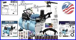 Airbrush Kit Dual Fan Air Compressor 3 Airbrushes 6 Primary Opaque Colors