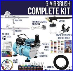 Airbrush Kit Dual Fan Air Compressor 3 Airbrushes 6 Primary Opaque Colors
