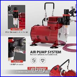 Airbrush Kit Professional Compressor, 3 Dual Action Guns Multi-purpose Red