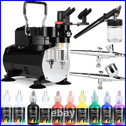 Airbrush Kit with Compressor, 8 Paints, 3 Airbrush Guns, Dual Action