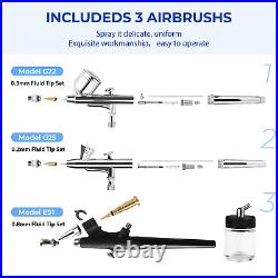 Airbrush Kit with Compressor, 8 Paints, 3 Airbrush Guns, Dual Action