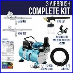 Cool Runner Dual Fan Air Compressor Airbrushing System Kit with 3 Airbrush Sets