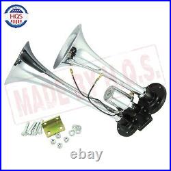 Dual 2 Trumpet Chrome Train Air Horn Kit, with 150 PSI 3 Liter 128V Air Compressor