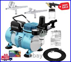 Dual Fan Air Compressor Airbrushing System Kit with 3 Professional Airbrush Sets