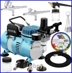 Dual Fan Air Compressor Professional Airbrushing System Kit, 3 Airbrushes
