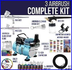 Dual Fan Air Compressor Professional Airbrushing System Kit with 3 Airbrushes