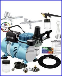 Master 3 Airbrush Dual Fan Air Compressor Professional Kit, Gravity Siphon Feed