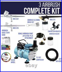 Master 3 Airbrush Dual Fan Air Compressor Professional Kit, Gravity Siphon Feed