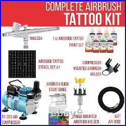 Master Airbrush 8 Color Body Art Paint Temporary Tattoo Compressor Kit, Stencils