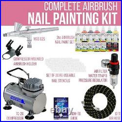 NAIL ART AIRBRUSH KIT-SET-Air Compressor-Paint-20pk Stencil Design Dual Action