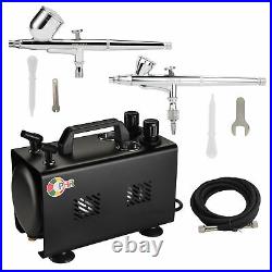 OPHIR 2 Sets Double Dual Action Airbrush Kit with Air Compressor for Model Hobby