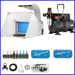 Portable Airbrush Paint Spray Booth with Dual Fan Air Compressor Kit 3 Gun 8 Color