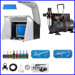 Portable Airbrush Paint Spray Booth with Dual Fan Air Compressor Kit 3 Gun 8 Color